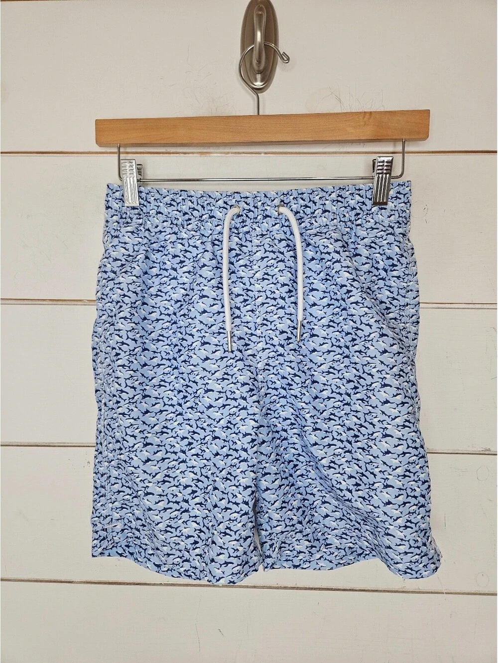 Blue Wave size 12 blue on blue with white shark drawstring swim trunks